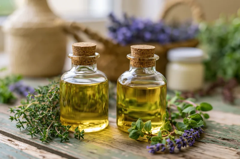 Two glass bottles with cork stoppers filled with golden-yellow essential oil surrounded by fresh herbs and lavender on a rustic wooden table