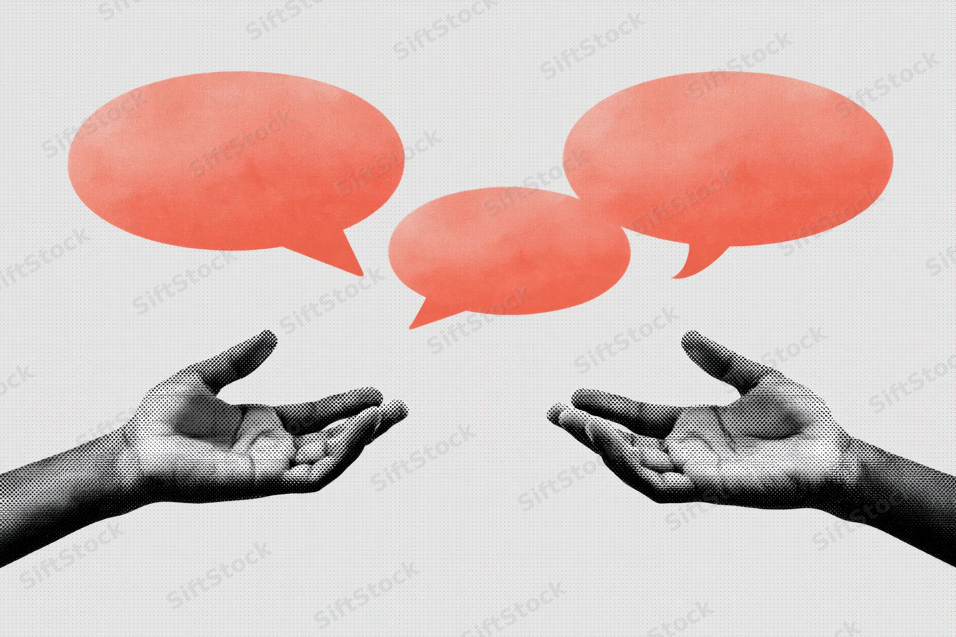 Two hands gesturing toward each other with red speech bubbles above them on a light grey background