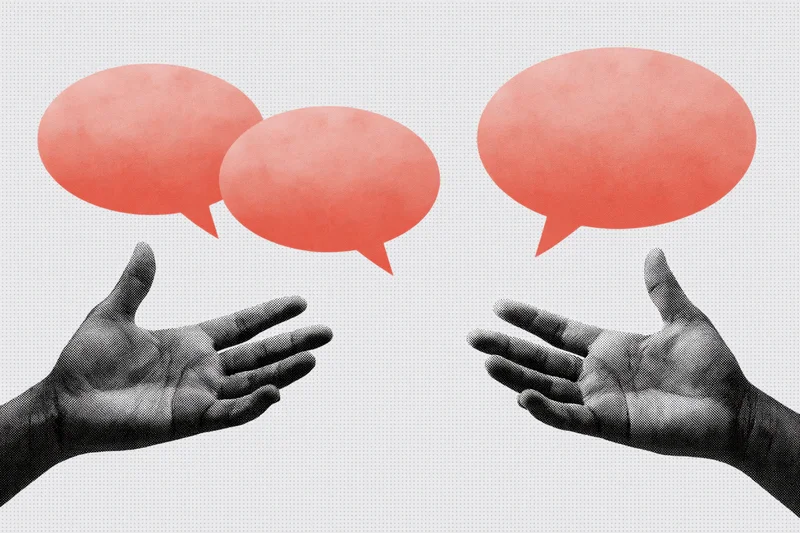 Two hands gesturing toward each other with speech bubbles above them on a light grey background