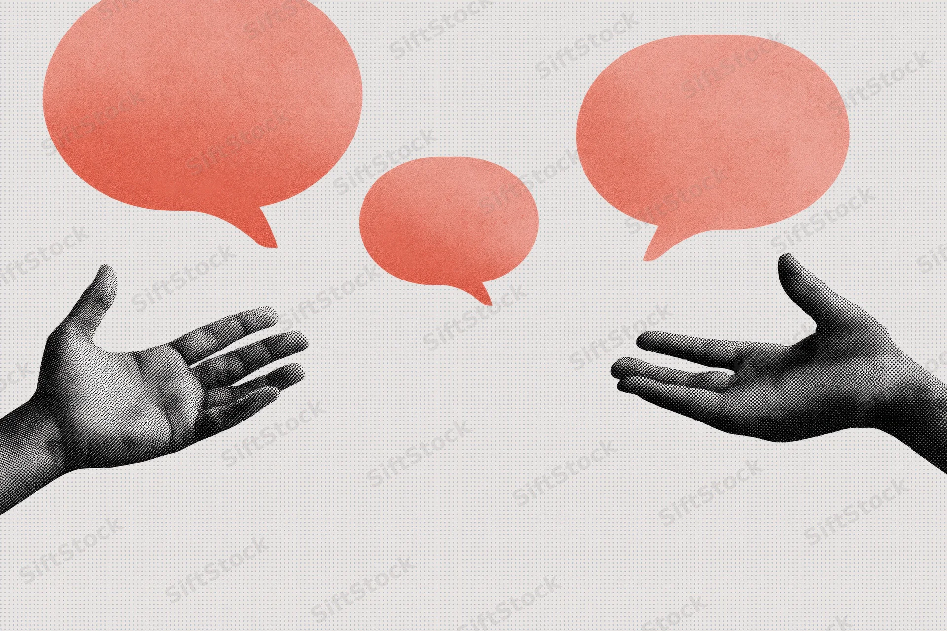 Two hands gesturing toward each other with speech bubbles floating between them on a light grey background