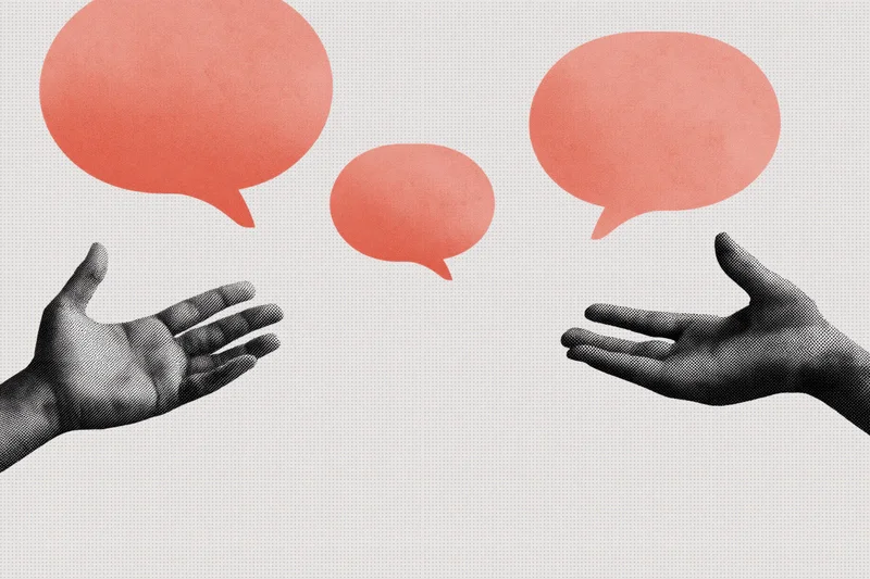Two hands gesturing toward each other with speech bubbles floating between them on a light grey background