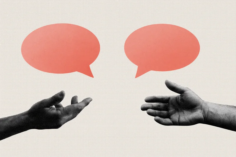 Two hands gesturing toward each other with speech bubbles above, symbolizing conversation