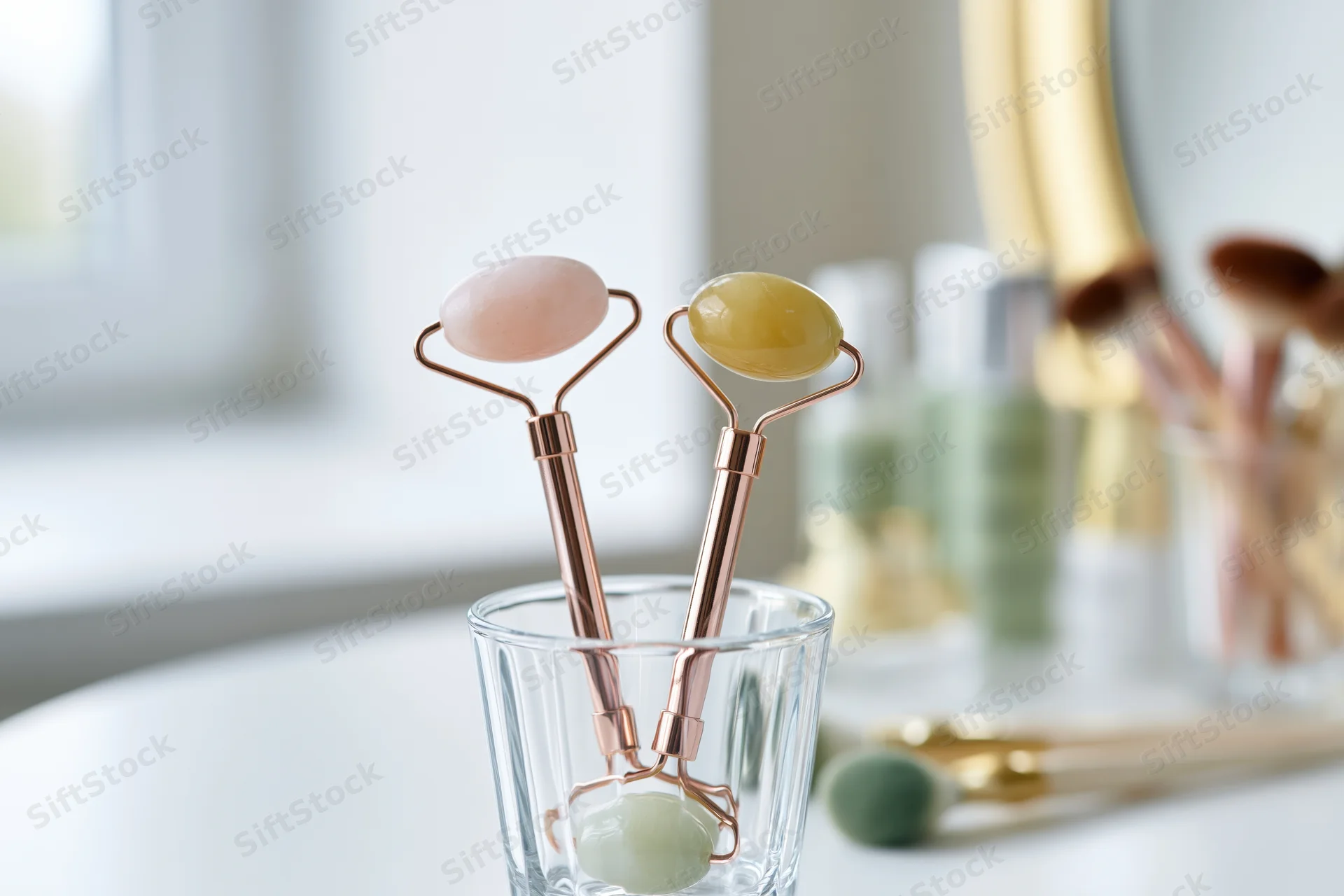 Two jade face rollers with rose gold handles standing upright in a glass cup on a vanity table