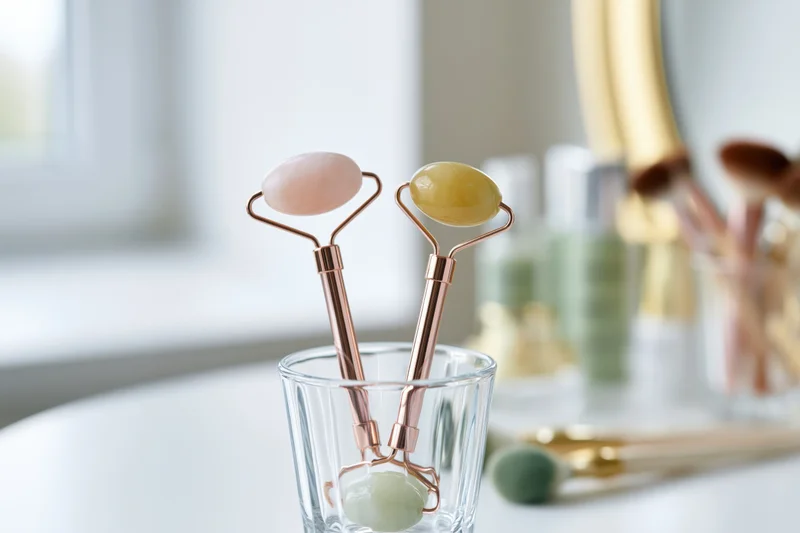 Two jade face rollers with rose gold handles standing upright in a glass cup on a vanity table