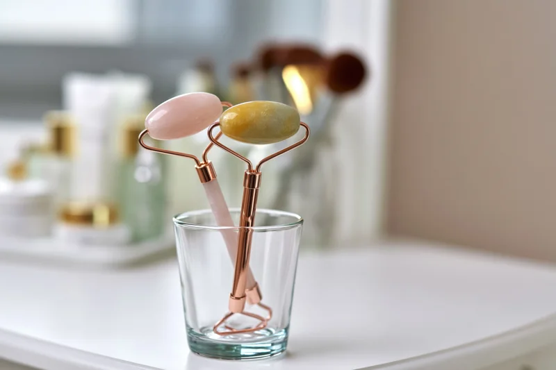 Two jade face rollers with rose gold handles standing upright in a glass cup on a vanity table