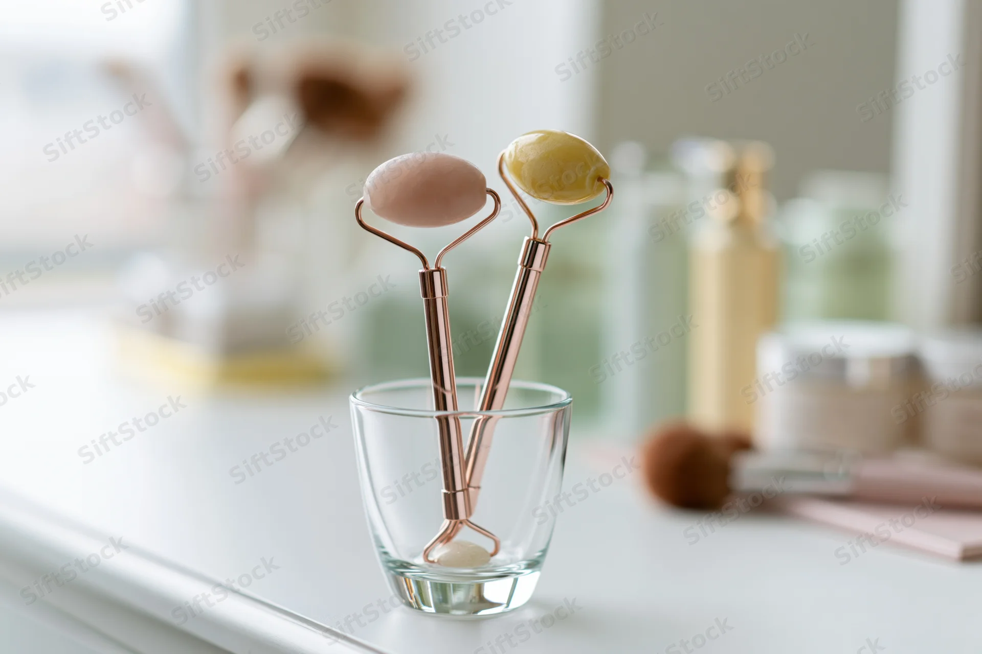 Two jade face rollers with rose gold handles standing upright in a glass cup on a vanity countertop