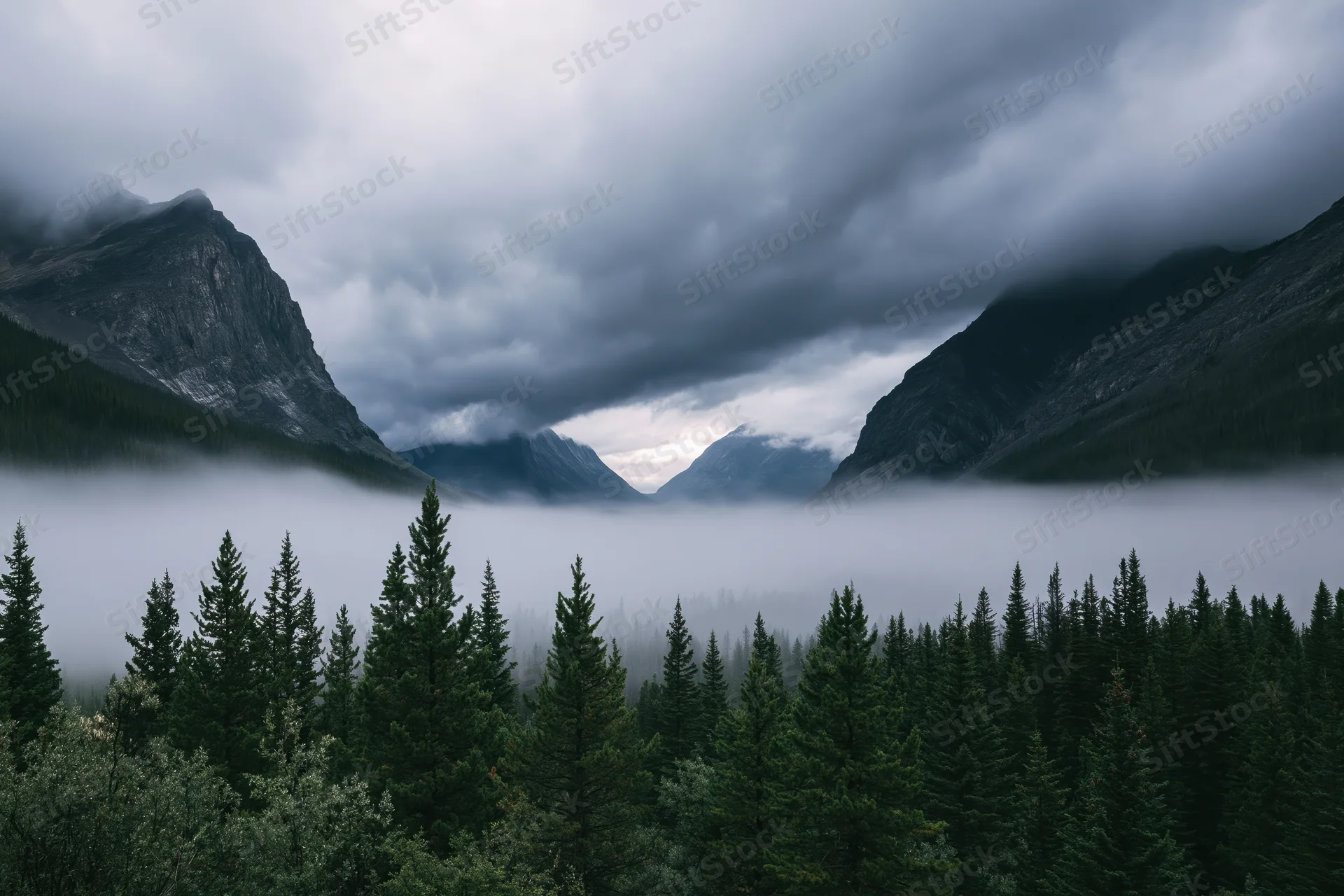 Rocky mountain peaks flanking a misty valley with dense pine forest below
