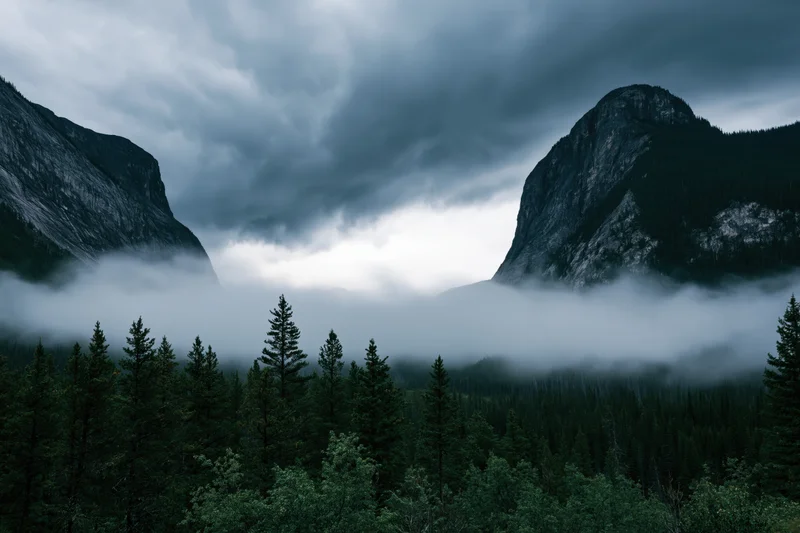 Rocky mountain peaks flanking a misty valley with dense forest below under cloudy sky
