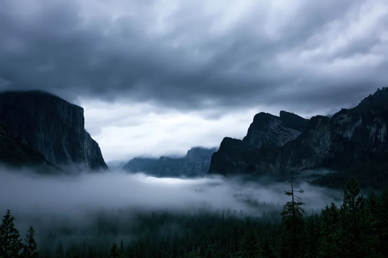 Rocky mountain peaks flanking a wide misty valley with dense forest below under cloudy sky