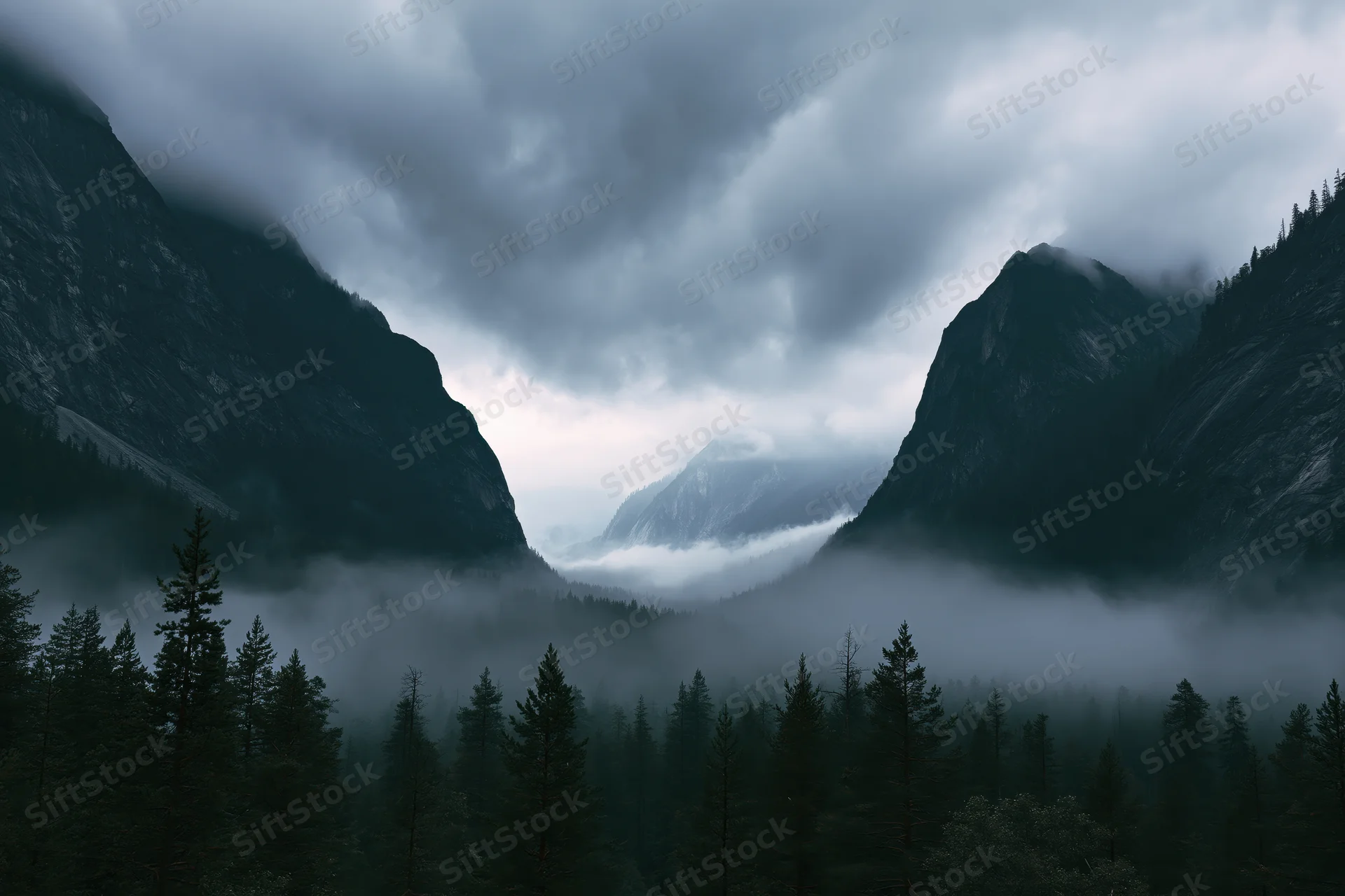 Rocky mountain peaks flanking a misty valley with dense pine forest below under cloudy sky