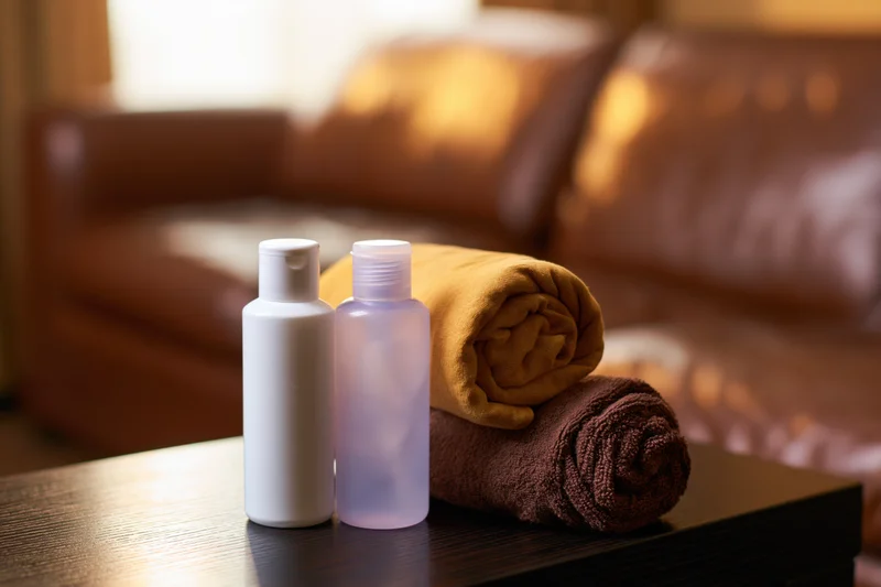 Two small hotel toiletry bottles and rolled towels on a wooden table in a warmly lit room with a leather sofa in the background