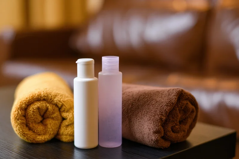 Two small hotel toiletry bottles and rolled towels on a table in a guest room