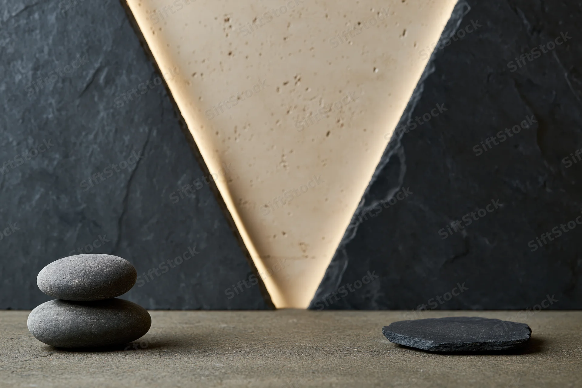 Two smooth river stones stacked on a concrete surface with a glowing triangular light inset in a dark textured wall