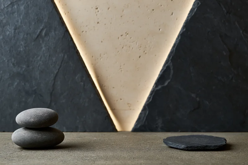 Two smooth river stones stacked on a concrete surface with a glowing triangular light inset in a dark textured wall