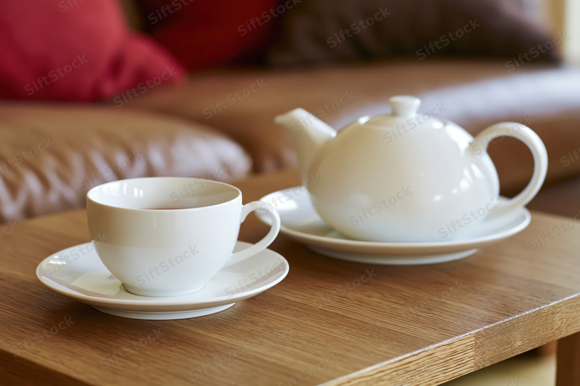 White ceramic teacup and teapot on saucers on wooden table near couch
