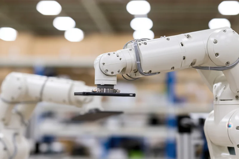 White robotic arm holding a component in a factory setting
