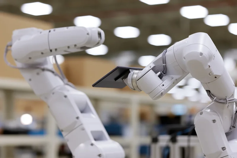 Two white robotic arms positioned in a factory setting, one holding a tablet device