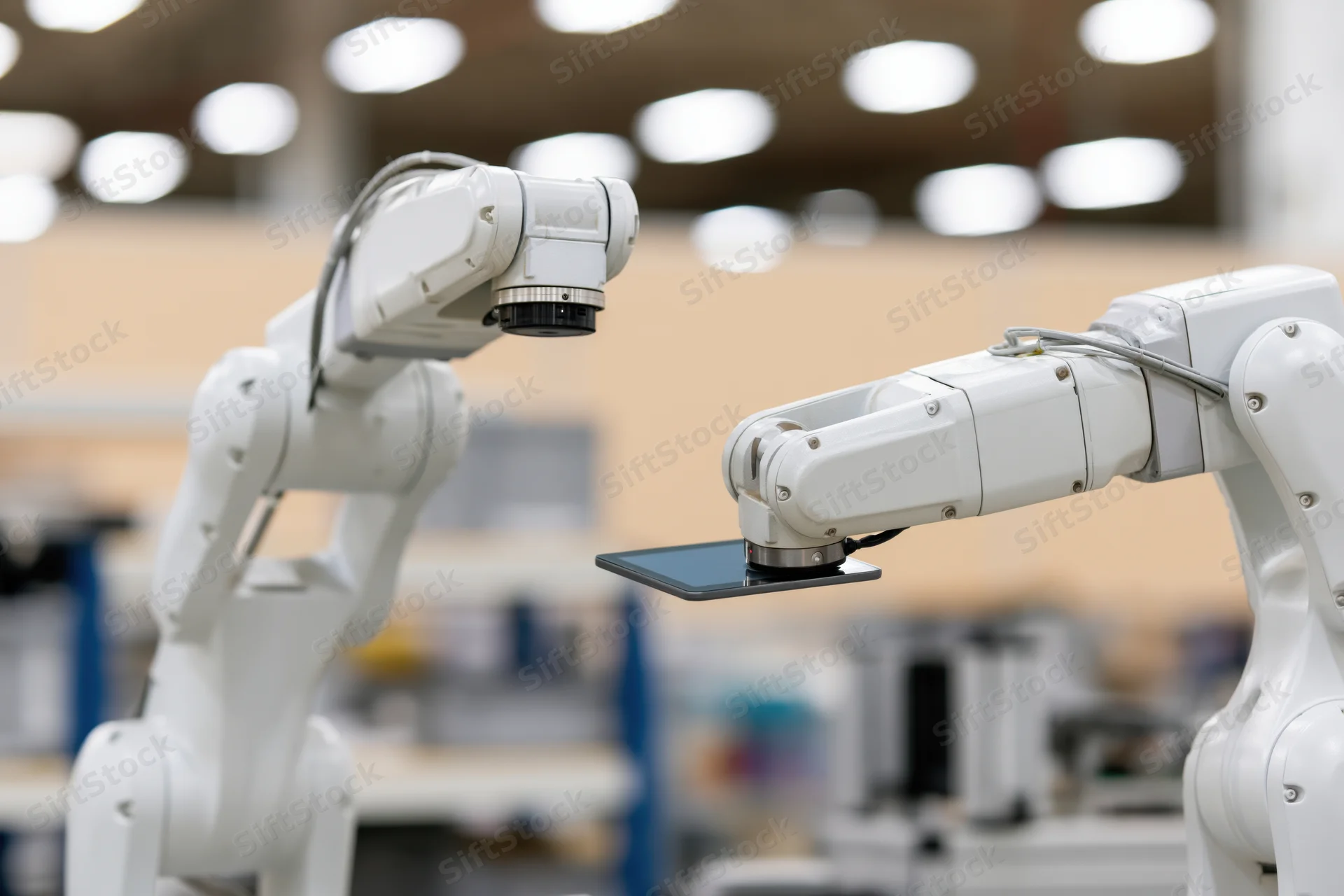 Two white robotic arms positioned in a factory setting, one holding a tablet, the other equipped with a camera, both in operational stance