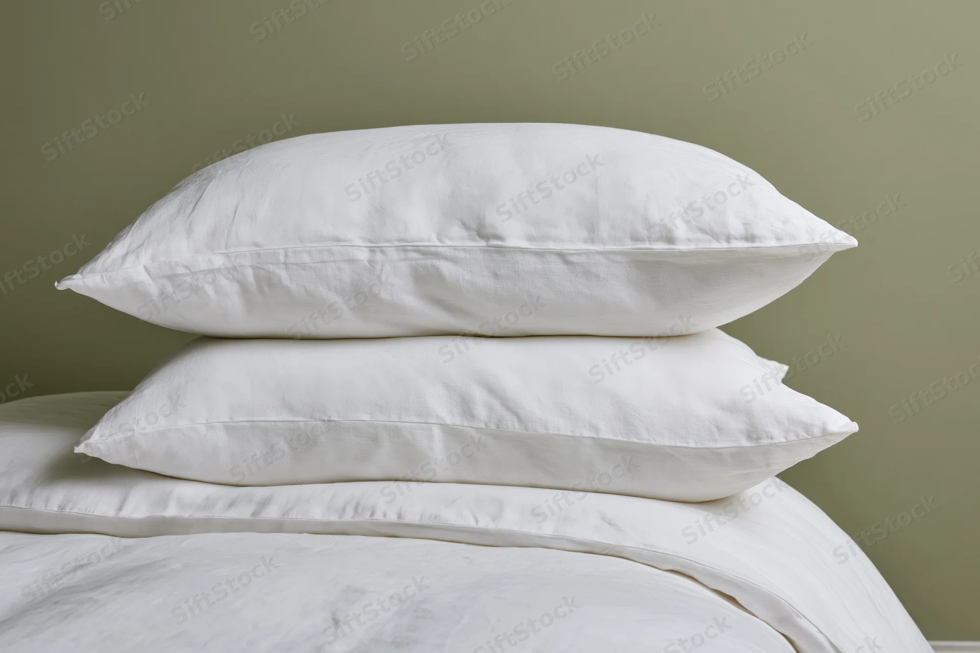Stack of white linen pillows on a neatly made bed with green wall background