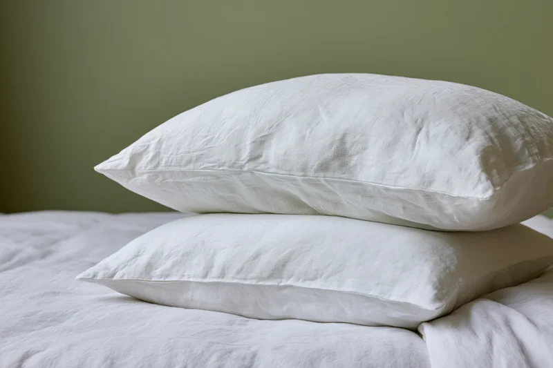 Two white linen pillows stacked on a neatly made bed with a green wall behind