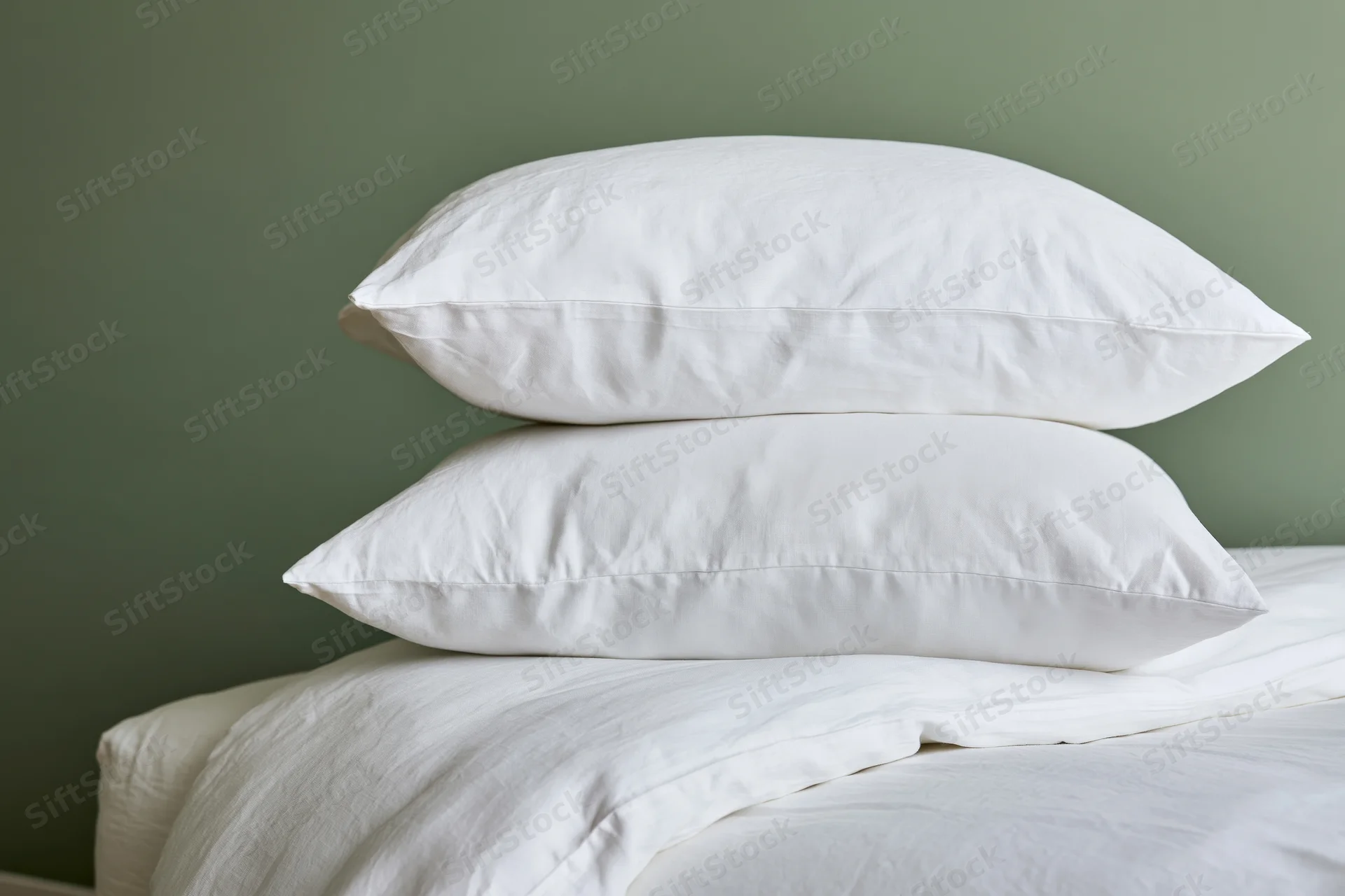 Two white linen pillows stacked on a neatly made bed against a green wall