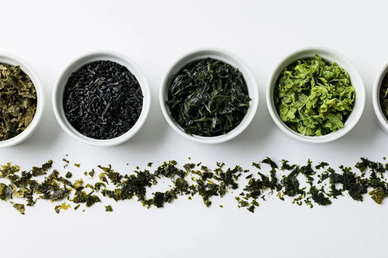 Various dried seaweed varieties in small white ceramic bowls arranged in a row on a white surface with scattered pieces below
