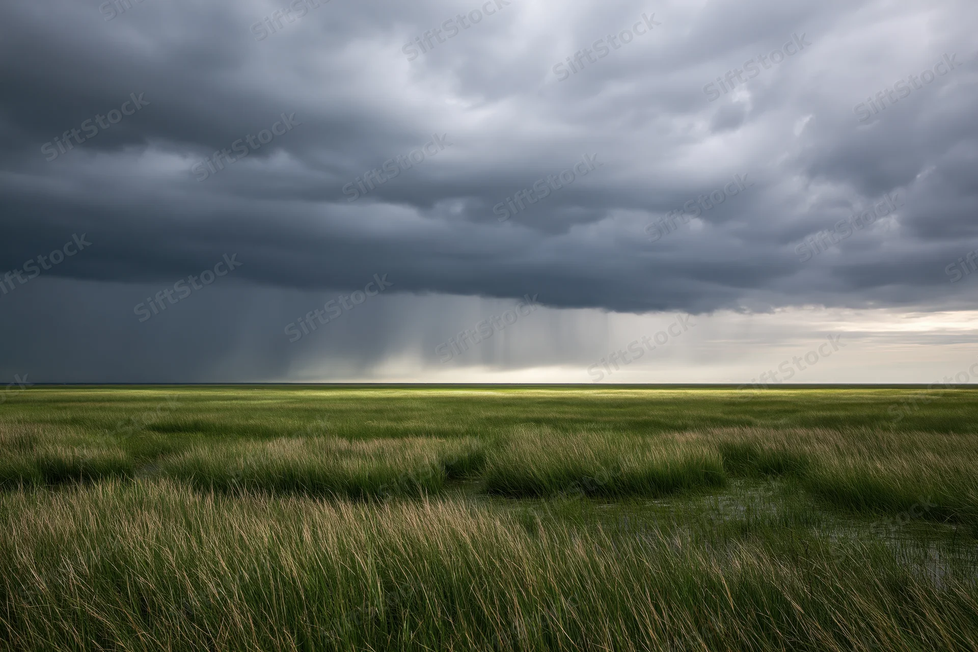 Vast flat marshland under heavy approaching thunderstorm with rain falling in distance