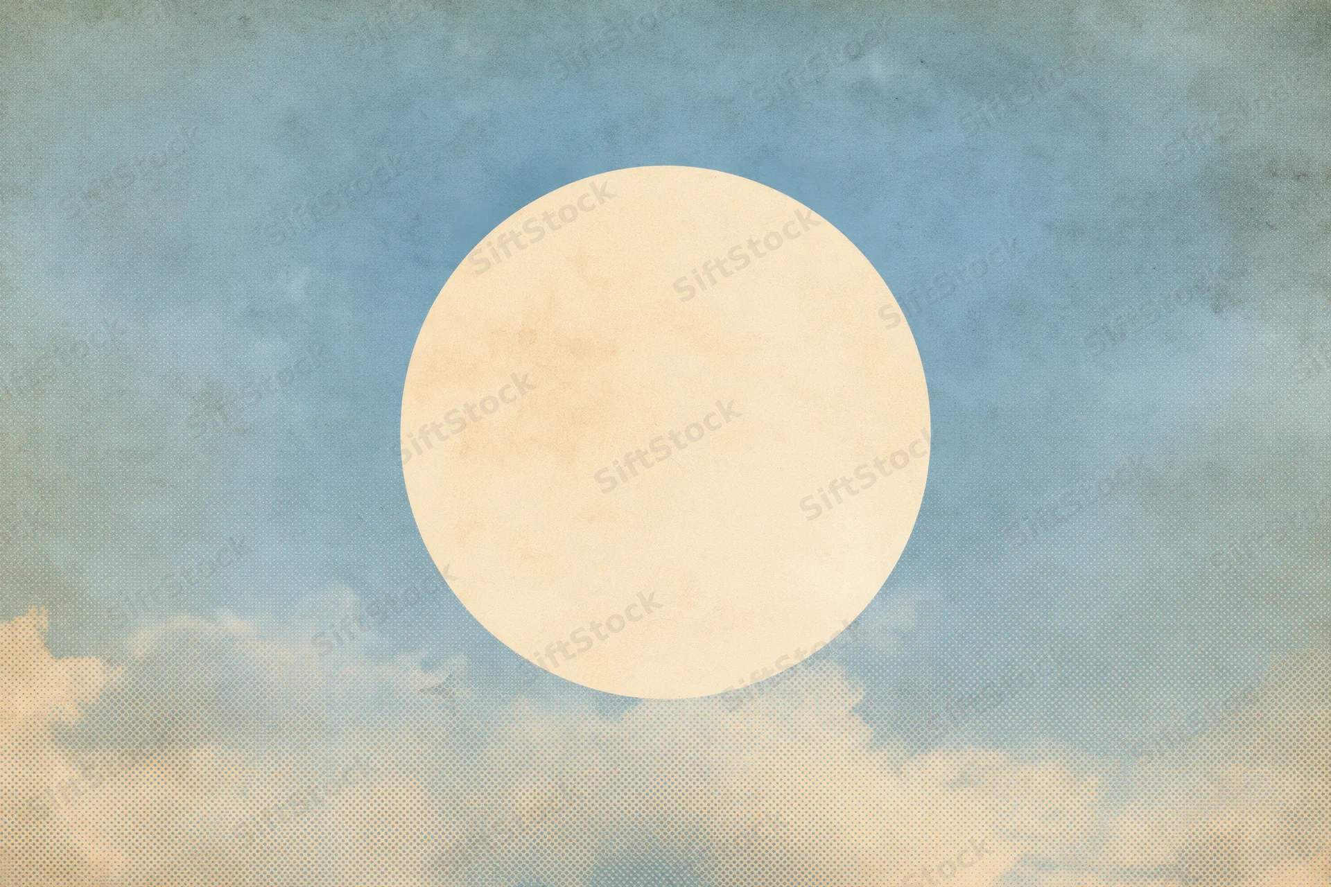Vintage retro poster background with a pale cream circle against a textured blue sky with clouds