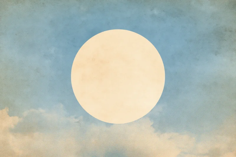 Vintage retro poster background with a pale cream circle against a textured blue sky with clouds