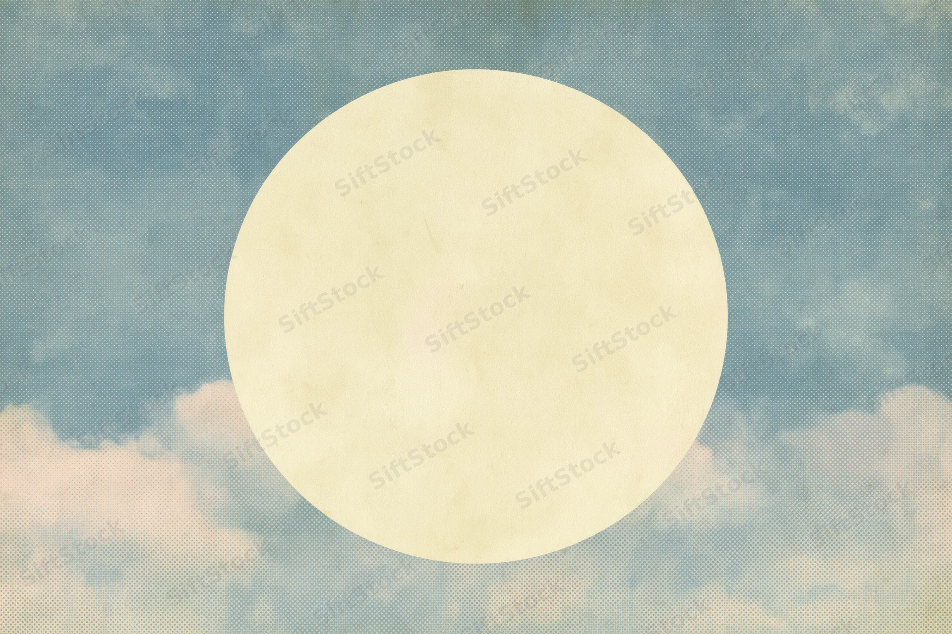 Pale cream circle on a vintage blue sky with clouds and halftone texture