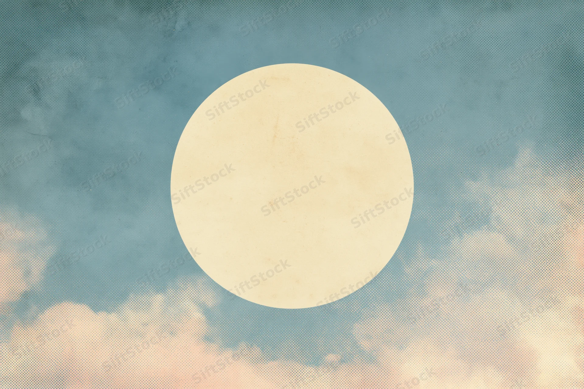 Pale cream circle centered on a vintage textured sky with clouds and halftone pattern