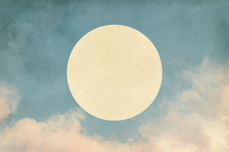 Pale cream circle centered on a vintage textured sky with clouds and halftone pattern