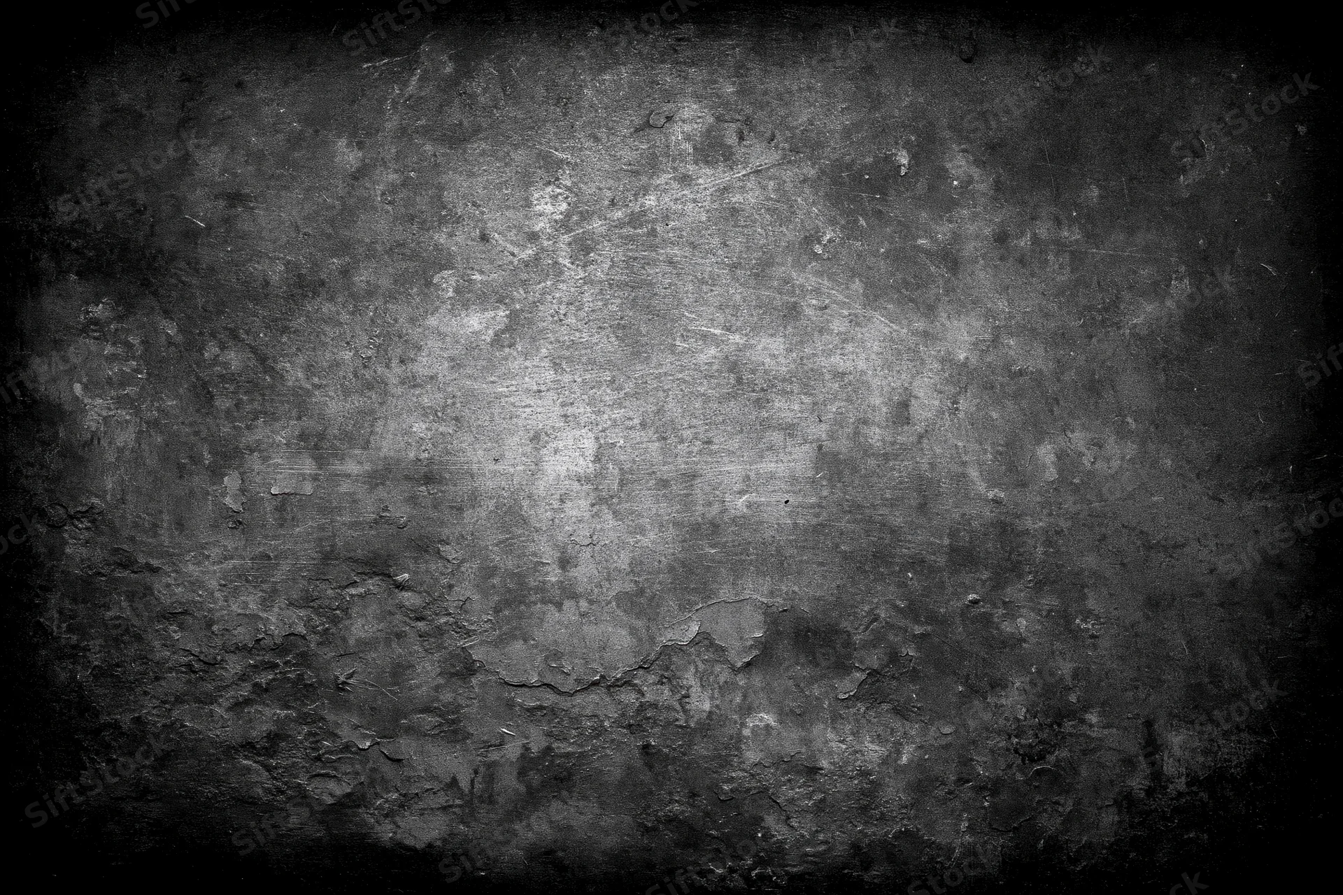 Weathered concrete wall with peeling paint and scratches, showing rough texture and dark vignette effect