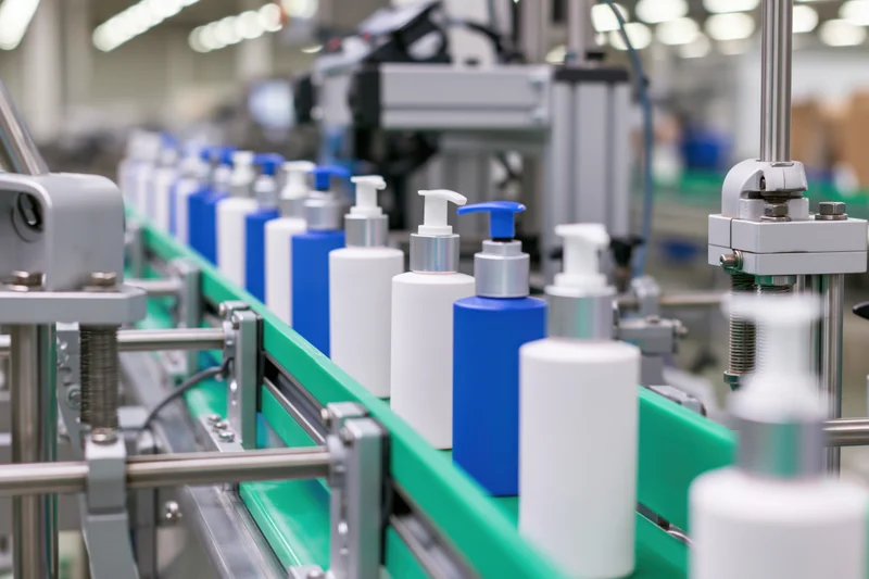 White and blue cosmetic pump bottles moving along a green conveyor in a factory