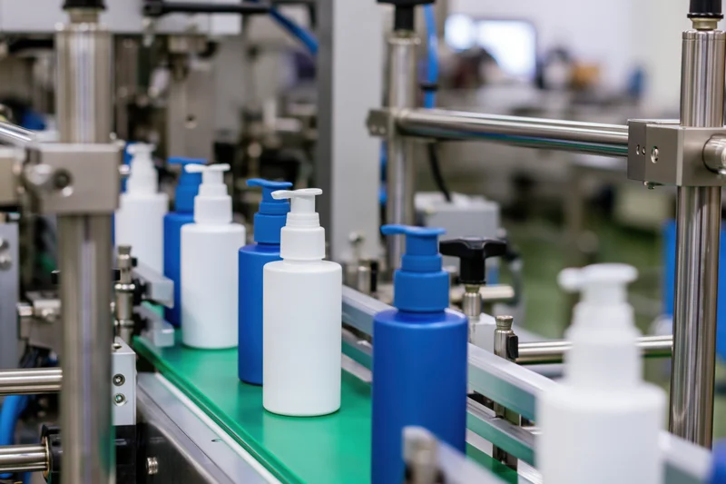 White and blue cosmetic pump bottles moving along a green conveyor in a factory