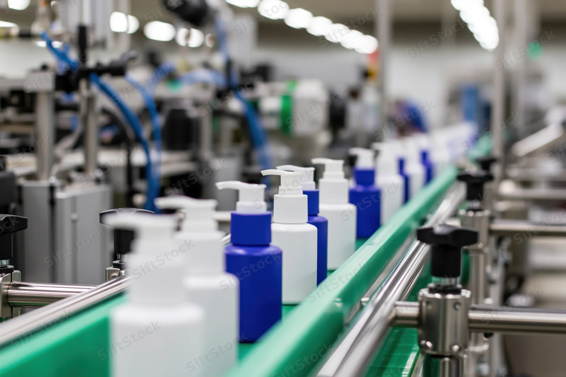 White and blue cosmetic pump bottles moving along a green conveyor in a factory