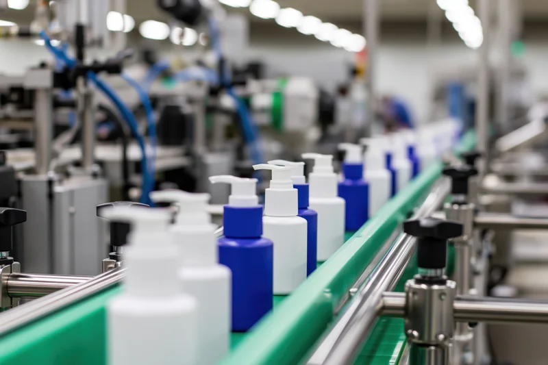 White and blue cosmetic pump bottles moving along a green conveyor in a factory
