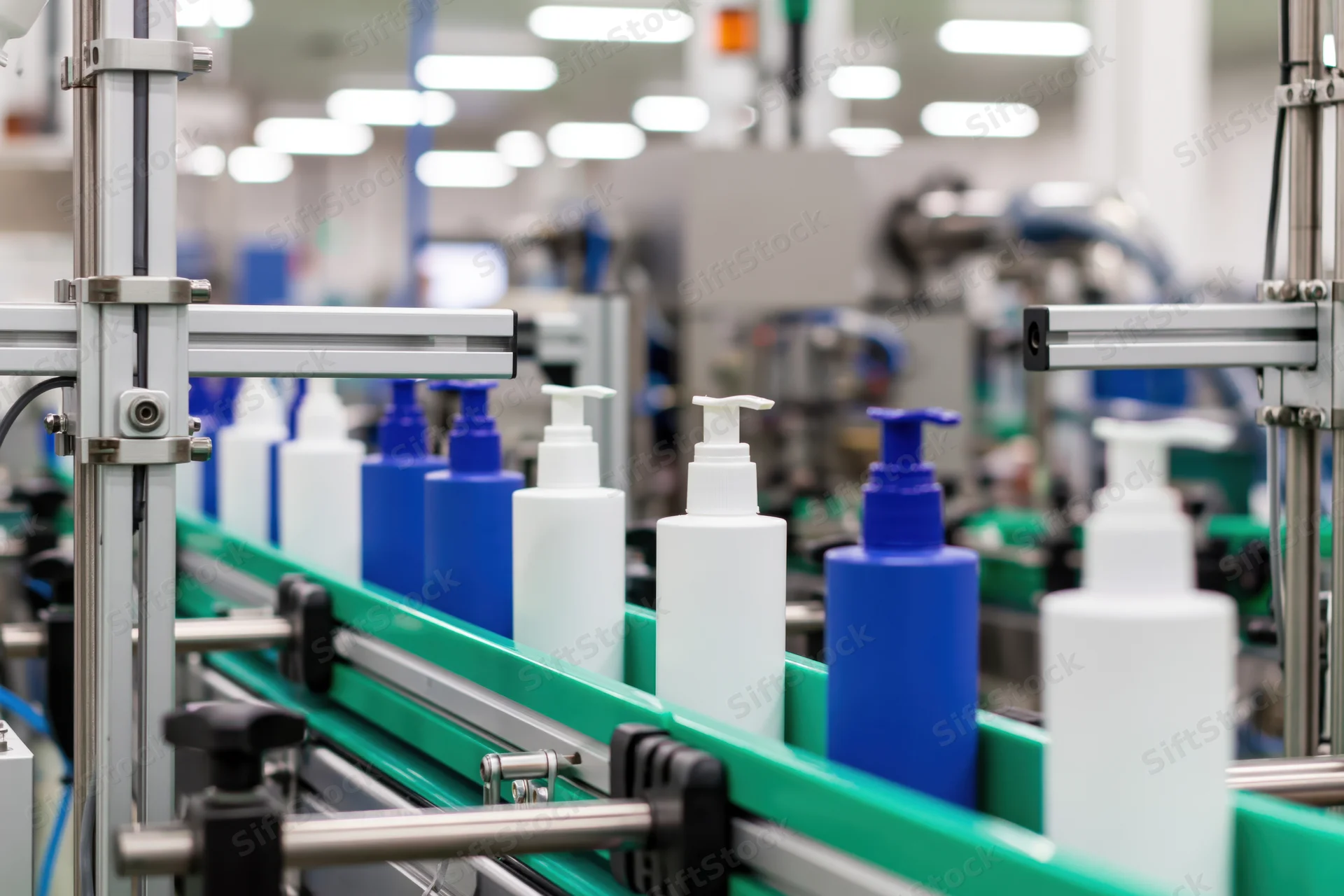 White and blue cosmetic pump bottles moving along a green conveyor in a factory