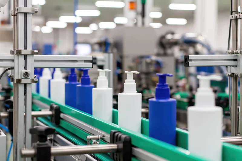 White and blue cosmetic pump bottles moving along a green conveyor in a factory
