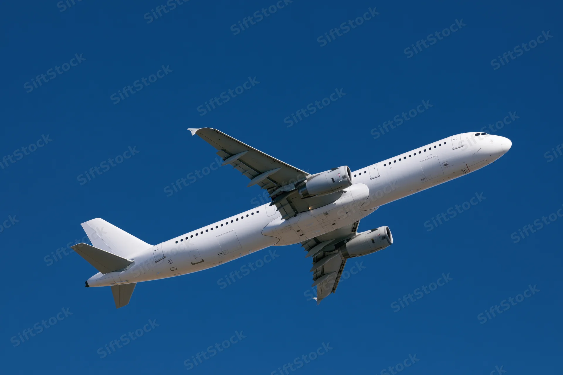 White commercial passenger jet climbing in clear blue sky after takeoff