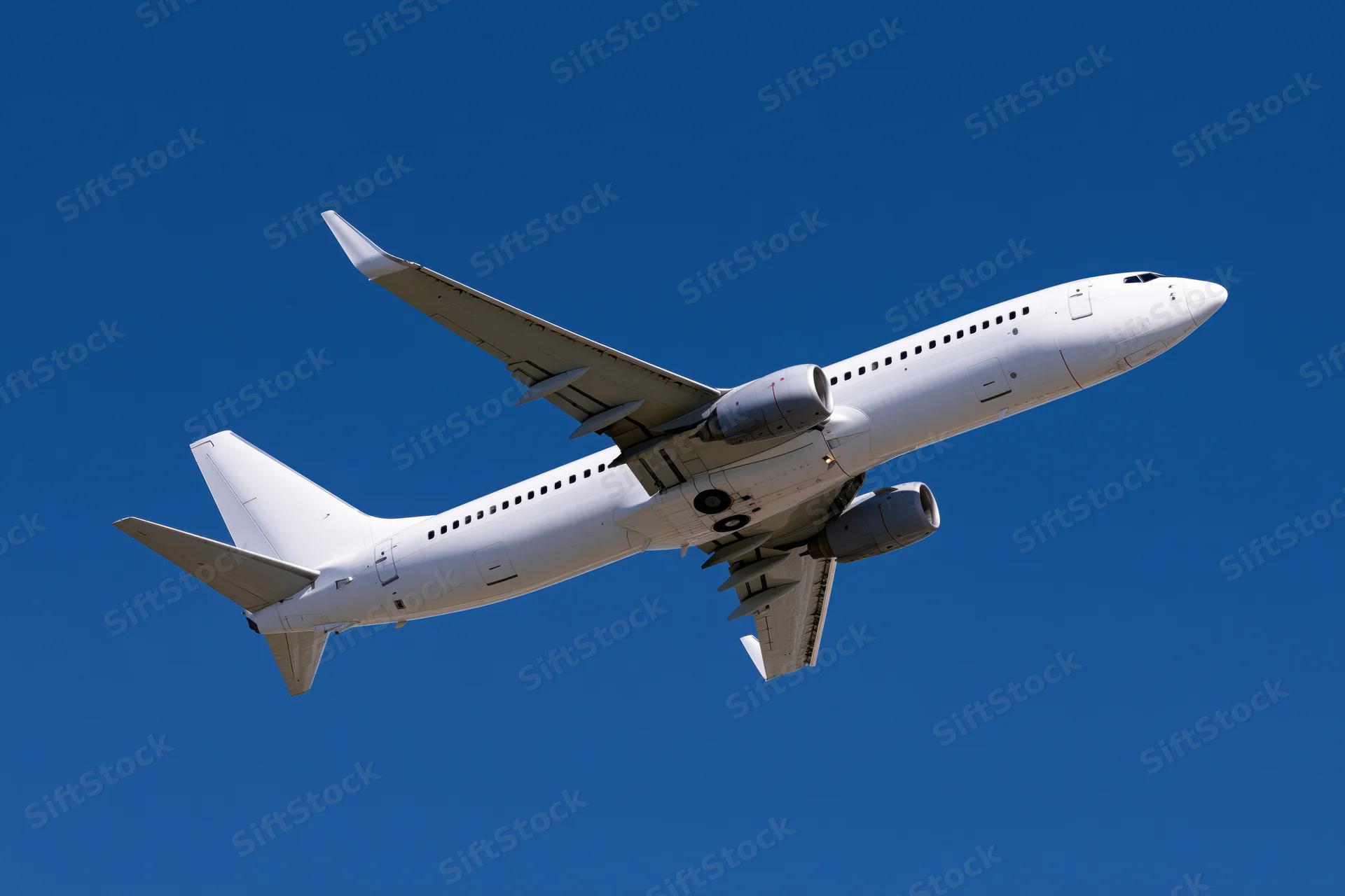 White commercial passenger jet climbing in clear blue sky after takeoff
