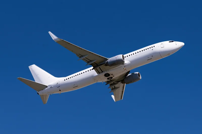 White commercial passenger jet climbing in clear blue sky after takeoff