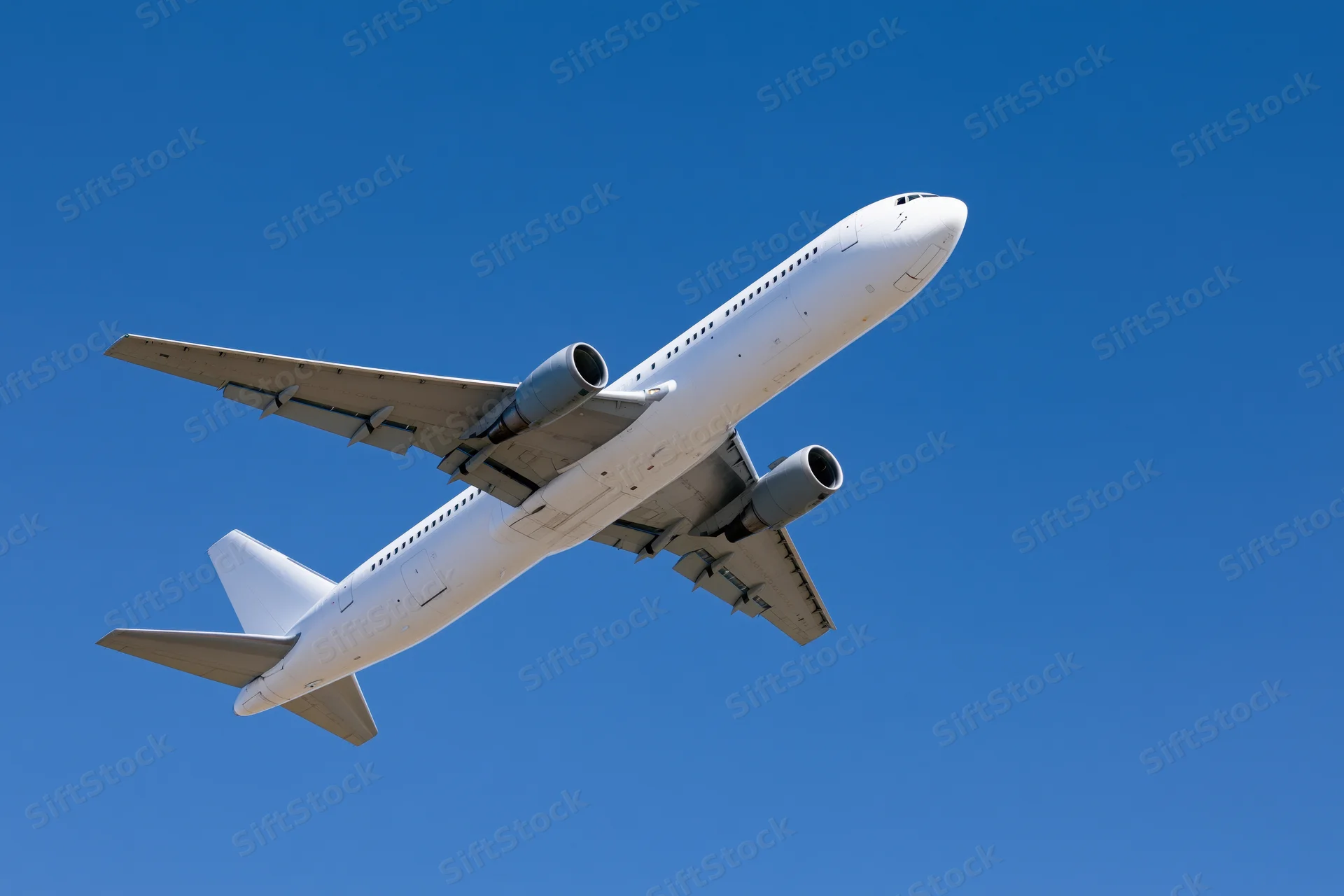 White commercial passenger jet climbing in clear blue sky