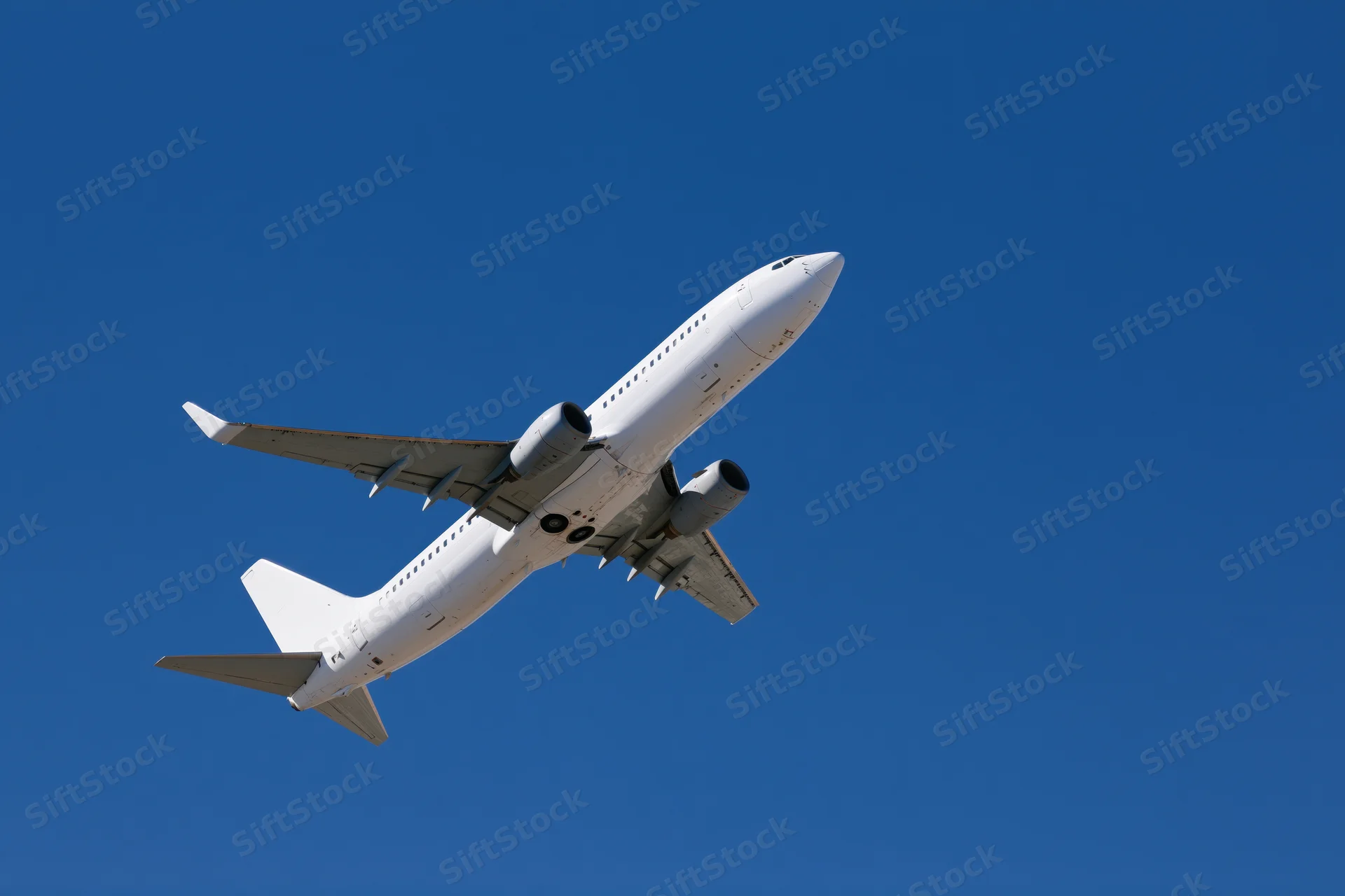 White commercial passenger jet climbing in clear blue sky after takeoff