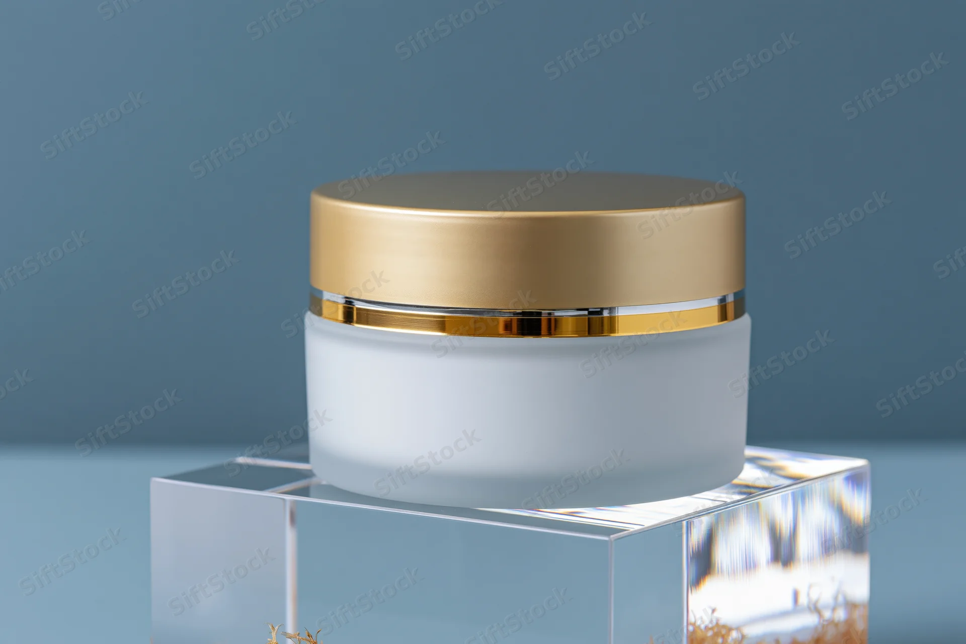White frosted glass cosmetic cream jar with gold lid on acrylic pedestal