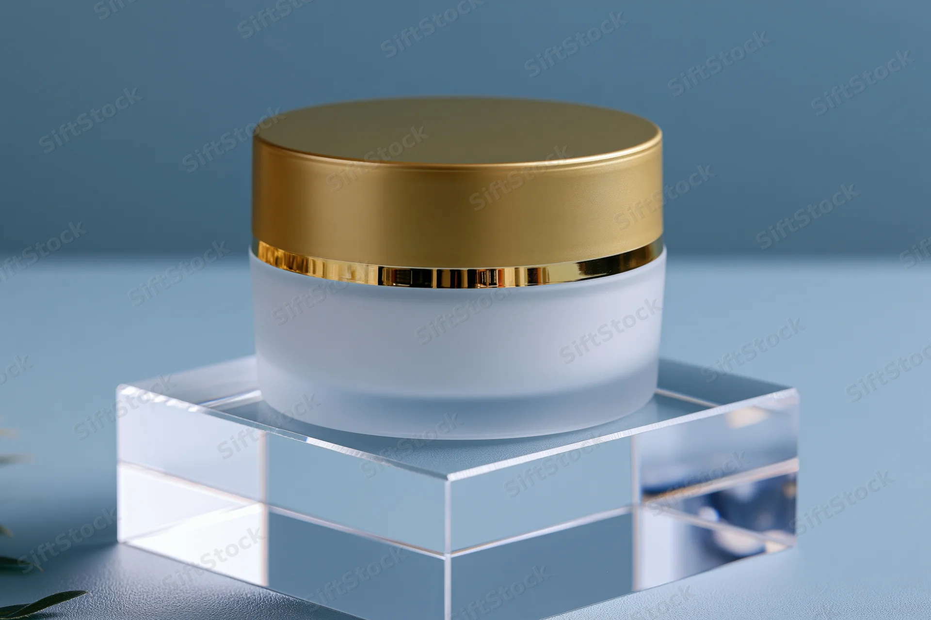 White frosted glass cosmetic cream jar with gold lid on transparent acrylic stand against blue background