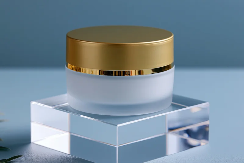 White frosted glass cosmetic cream jar with gold lid on transparent acrylic stand against blue background