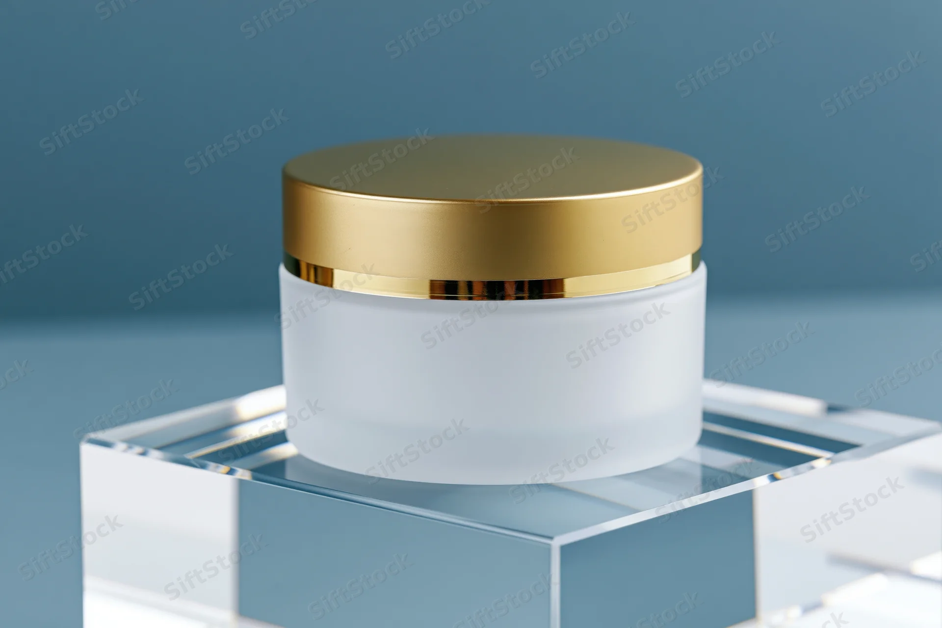 White frosted glass cosmetic cream jar with gold lid on acrylic stand