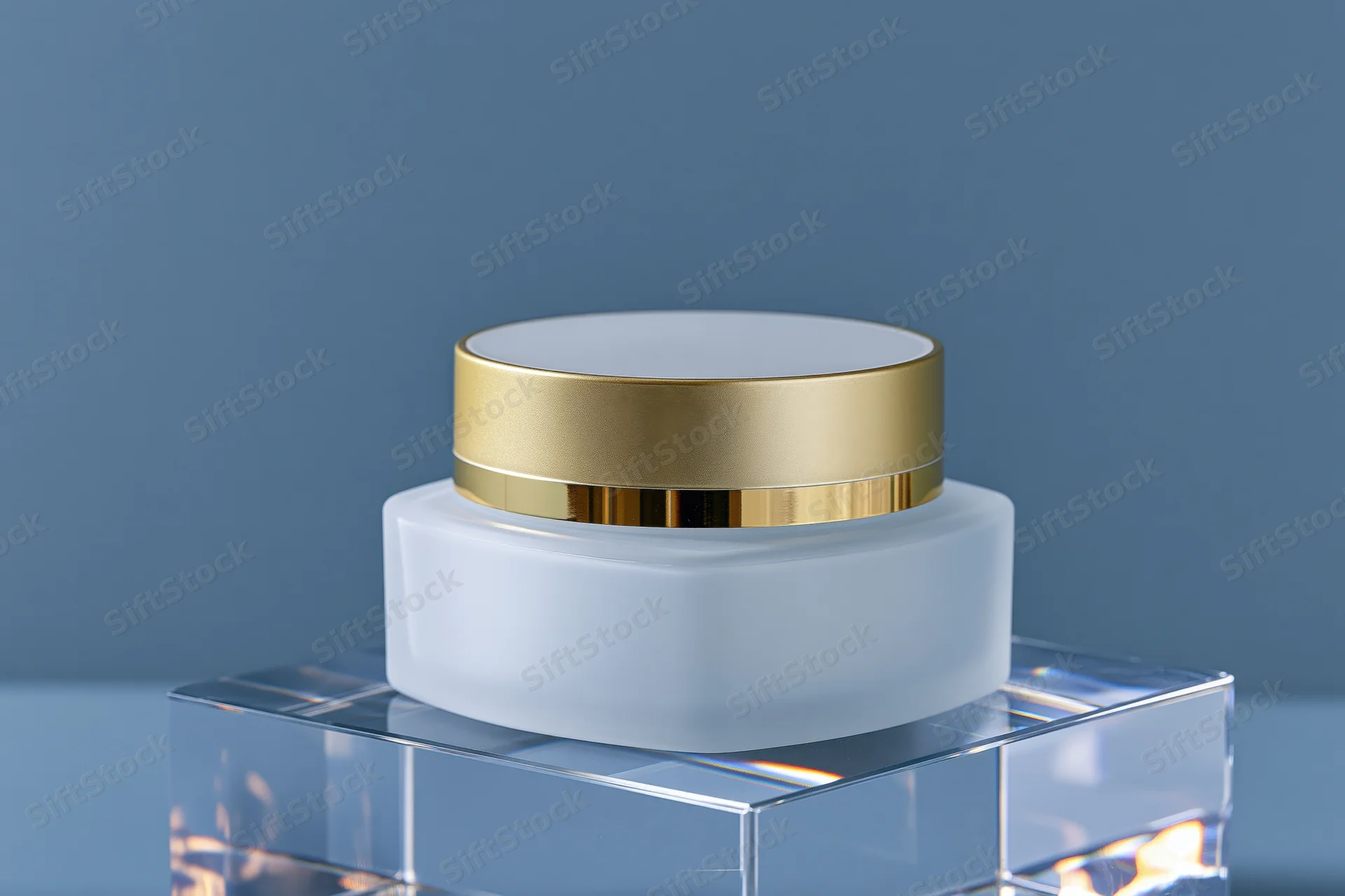 White frosted glass cosmetic cream jar with gold lid on transparent acrylic pedestal against blue background