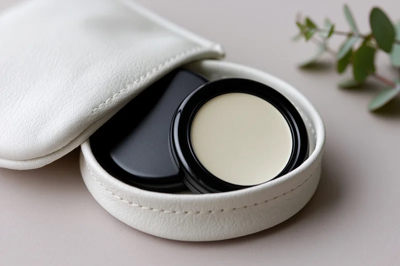 Open white leather pouch holding black compact cream container on flat surface with eucalyptus sprig nearby